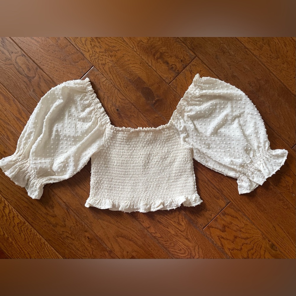 By Together Anthropologie Boho Coquette Cottagecore Smocked Beige Medium Crop